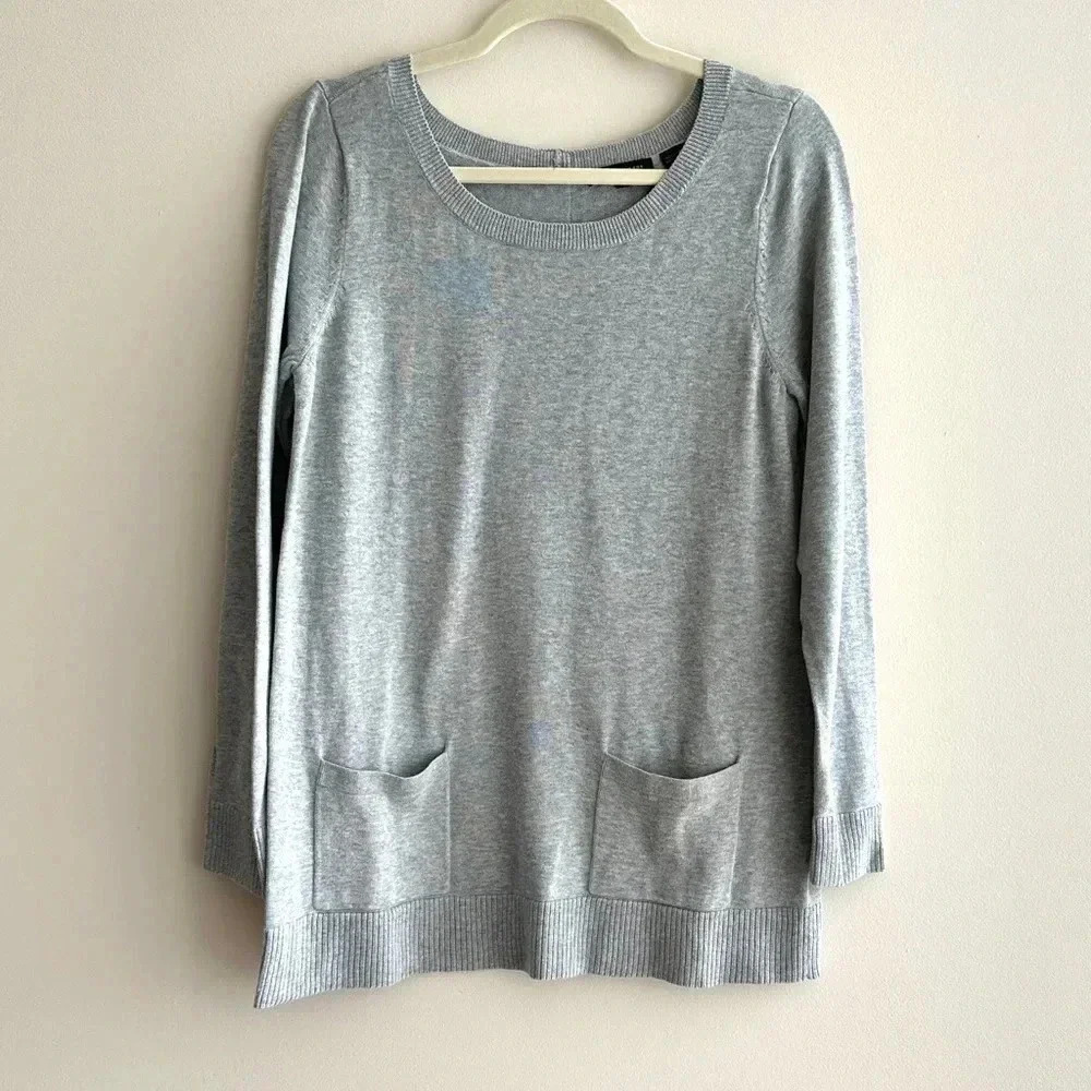 Jeanne Pierre Long Sleeve Button Back Grey Cozy Pullover Sweater, Size Medium